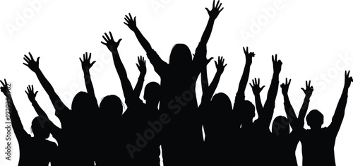 Schilderij op canvas Crowd Silhouette of Happy People Raising Hands and Cheering at Concert Music Fes
