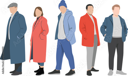 Fashionable diverse group of people wearing stylish winter and fall coats, jackets, and accessories, modern seasonal clothing vector illustration design