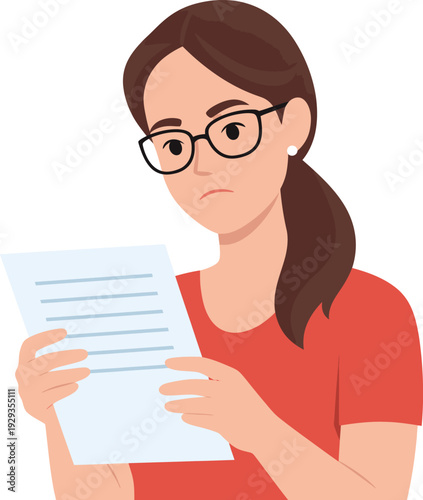 Woman reading document with concern.