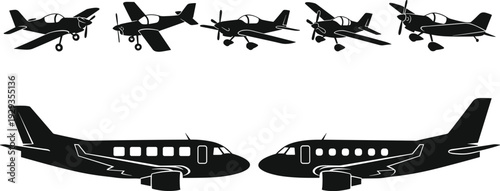 Detailed Airplane Silhouette Vector Set Featuring Private Propeller Planes and Commercial Passenger Jets Isolated on White for Aviation Graphic Design Projects