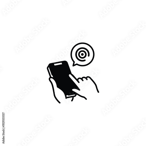 Hand holding mobile phone with target symbol in speech bubble