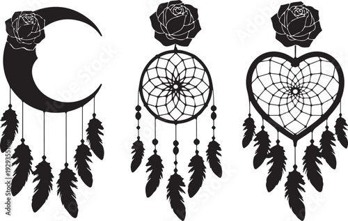 Black crescent moon, dreamcatcher and heart shape with roses and feathers
