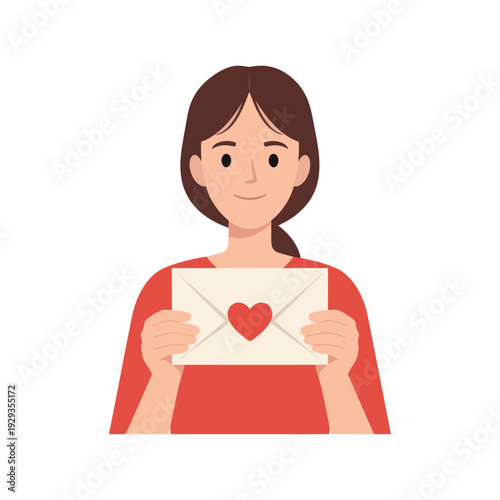 Woman holding love letter envelope with heart inside.