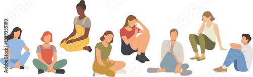 Eight diverse individuals sitting together in casual clothing representing community, teamwork, social interaction, inclusivity, lifestyle, diversity, and modern design