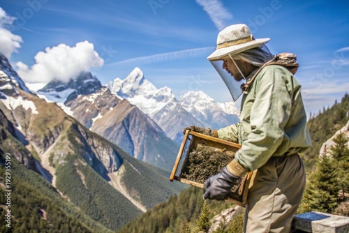 Traditional Honey Hunter Collecting Wild Honey from Cliff Beehive in Mountain Landscape