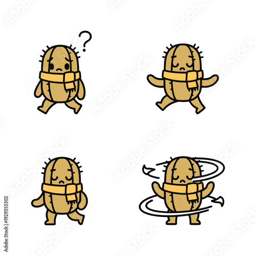 Cartoon potato character exercising with jump rope in different poses and emotions