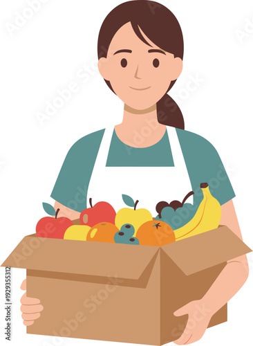 Woman delivering fresh fruit in a box.
