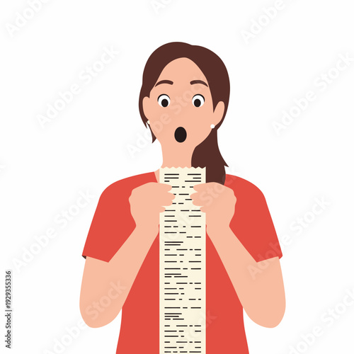 Surprised woman holding long receipt shocked expression red shirt.
