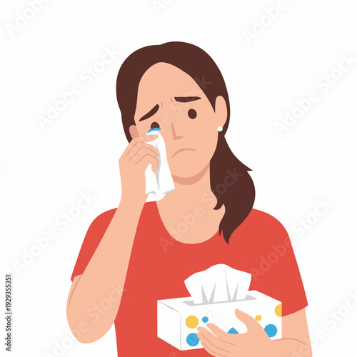 Woman having cold with tissues flu symptoms.