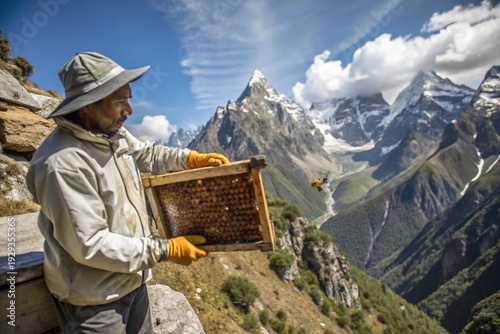 Traditional Honey Hunter Collecting Wild Honey from Cliff Beehive in Mountain Landscape