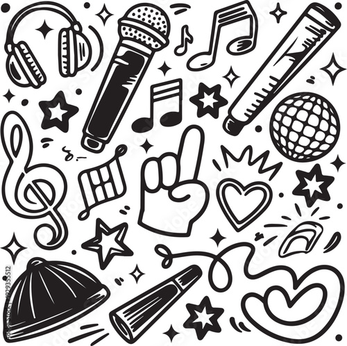 Black and white illustration of music and party icons