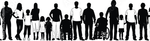 Diverse group of people and children in silhouette including wheelchair users standing in a row for community and inclusion concept.