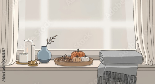 Cozy home interior with autumn decorations by the window.