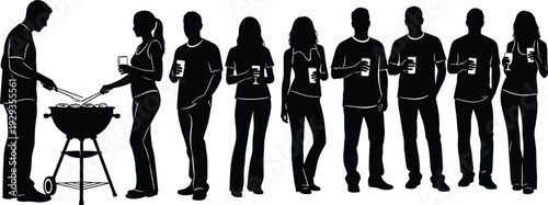 Diverse group of friends enjoying a backyard barbecue party silhouette with man grilling food and people holding drinks vector illustration