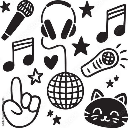 Black and white funky music and party icons on white background
