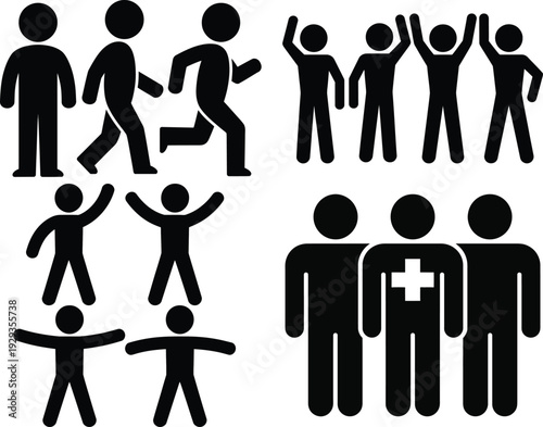 Diverse icons representing various community activities and medical support