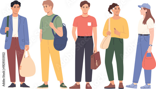Diverse group of modern young adults standing together with casual fashion styles, carrying bags and accessories, urban lifestyle vector illustration