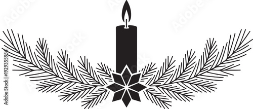 Black silhouette of a candle with flame, surrounded by pine branches and a starburst flower, for festive holiday decorations