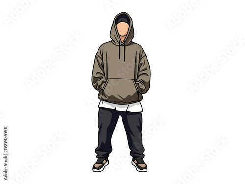 Man in Hoodie and Cap Standing Confidently.