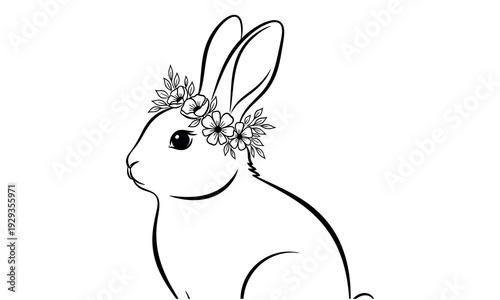 A black and white illustration of a cute rabbit wearing a floral crown on its head looking adorable and sweet