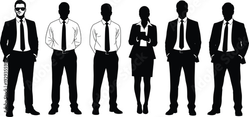Diverse Group of Professional Business People Silhouettes Wearing Suits and Formal Attire Standing in a Row Isolated on White Background