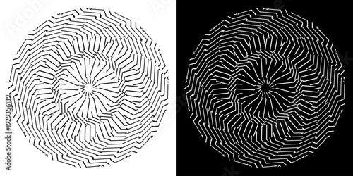Abstract background with abstract line pattern in circles. Spiral art design as a logo or icon. A black figure on a white background and the same white figure on a black side. Mandala design with line