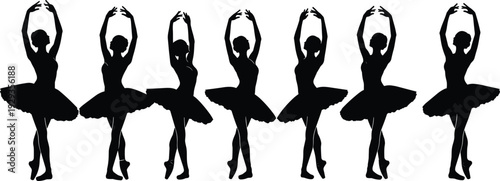 Elegant Silhouette Vector of Seven Graceful Ballerinas in Tutus Performing Classical Dance Positions Isolated on a Clean White Background Set
