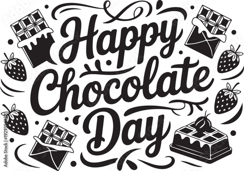 Happy chocolate day lettering with chocolate bars strawberries and waffle on transparent background