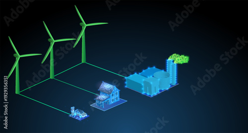 Digital design shows wind turbines generating energy for homes and factories, illustrating renewable energy solutions