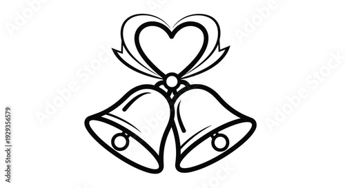 Pair of golden wedding bells with red heart ribbon bow for marriage celebration and anniversary invitation
