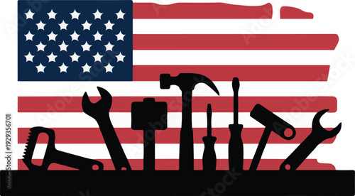 American flag backdrop with silhouette of tools, labor day and usa craftsmanship concept