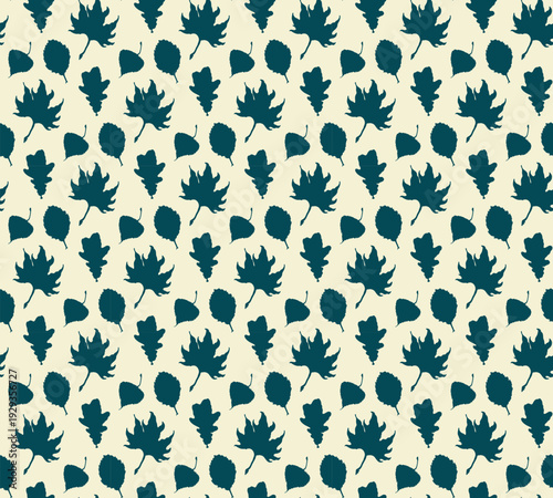 Simple autumn leaf silhouettes seamless pattern. Hand drawn ink brush doodle design, cute falling leaves, oak maple aspen leaf black colour shapes. White cream background.