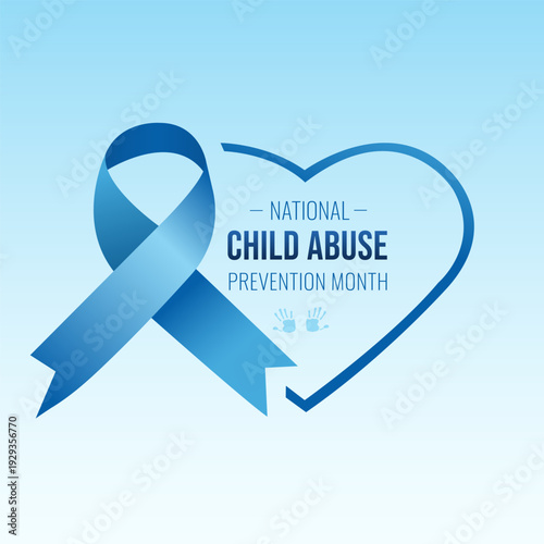 Child Abuse Prevention Month social awareness poster. The blue ribbon is a symbol of support and protection for children. 