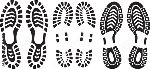 Collection of black shoe sole prints and footprints for outdoor adventures and hiking boot treads, isolated on transparent background