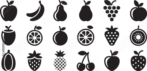 Collection of stylized fruits and berries icons, including apple, banana, pear, orange, strawberry, kiwi, and cherries, on transparent background