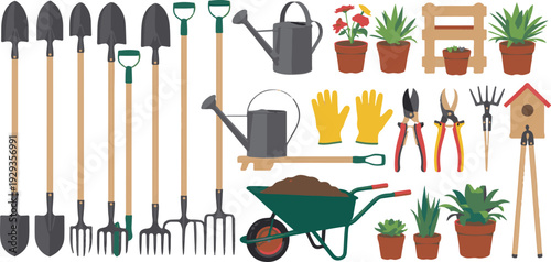 Gardening tools and supplies, including shovels, rakes, watering cans, pots, gloves, pruners, and birdhouse, on transparent background