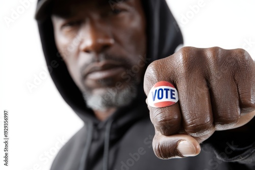 Black man showing Vote sticker on clenched fist, isolated