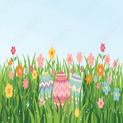 Colorful easter eggs hidden amongst vibrant wildflowers and lush green grass