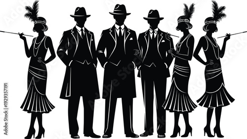 Great Gatsby Style Silhouette of 1920s Flapper Girls and Men in Suits for Vintage Party Jazz Age and Retro Celebration