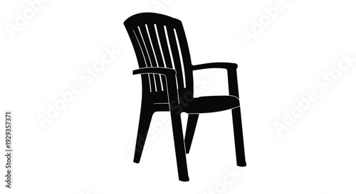 Stackable charcoal plastic patio garden armchair with slatted back on white background realistic vector