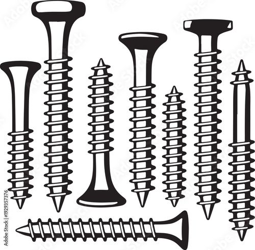 Set of various screws and fasteners on transparent background, industrial hardware elements