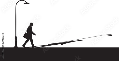 Businessman walking under streetlight with long shadow at ground level vector art