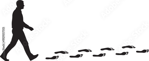 Man walking leaving barefoot footprints behind silhouette vector illustration for path concept