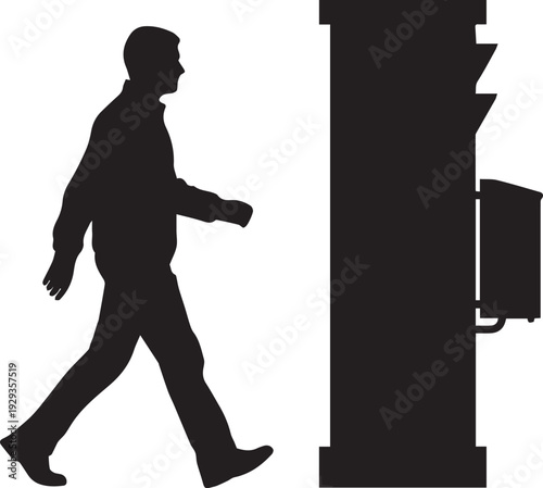 Man walking past ATM machine silhouette vector illustration isolated on transparent background