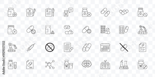 Modern Medical and Pharmacy Line Icons Set. Healthcare, Science, Treatment, and Wellness Outline Vectors for Digital Design