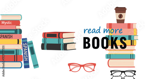Retro book stack vector illustration set with reading glasses and coffee cup