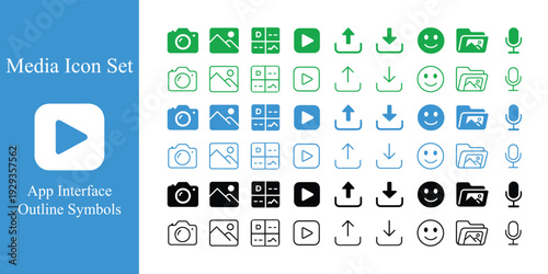 Set of media interface outline symbols in various colors and styles