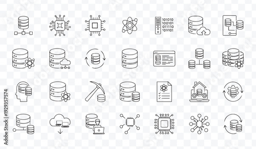 Data, Database and Technology Line Icons Set Cloud, AI, Big Data and Analytics Vector Collection