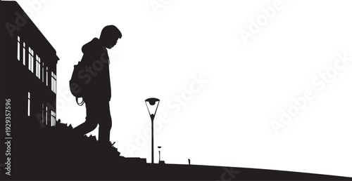 Student walking away from building towards streetlight in dark city night illustration