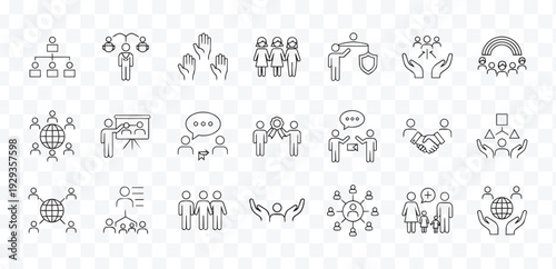 Modern People and Business Line Icons Set Teamwork, Community, HR, Management, Communication and Social Concepts
